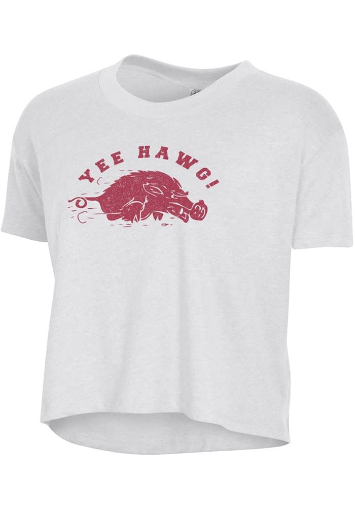 ✴arks✴ Arkansas Razorbacks Womens White Endzone Racerback Crop Tank