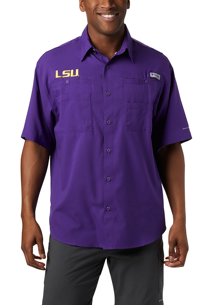 LSU Tigers Mens Columbia Short Sleeve Tamiami Button Down Shirt - PURPLE