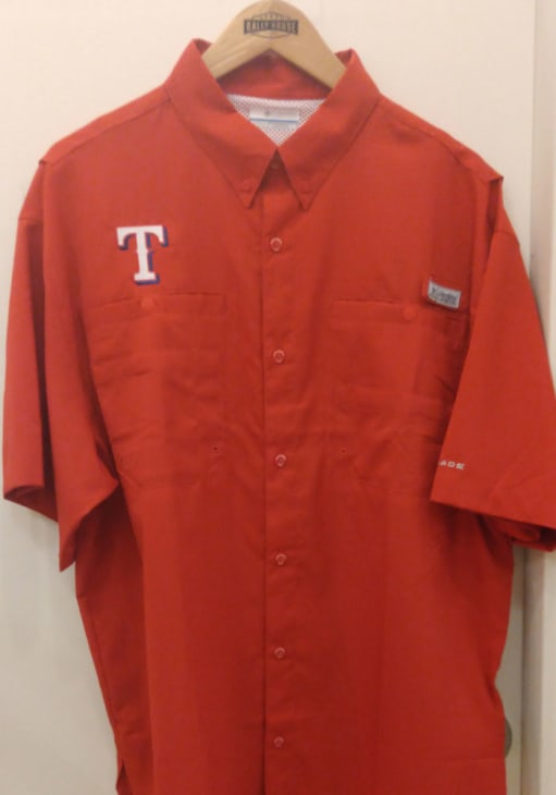 Columbia Texas Rangers Red Tamiami Short Sleeve Dress Shirt, Red, 100% POLYESTER, Size 2XL, Rally House