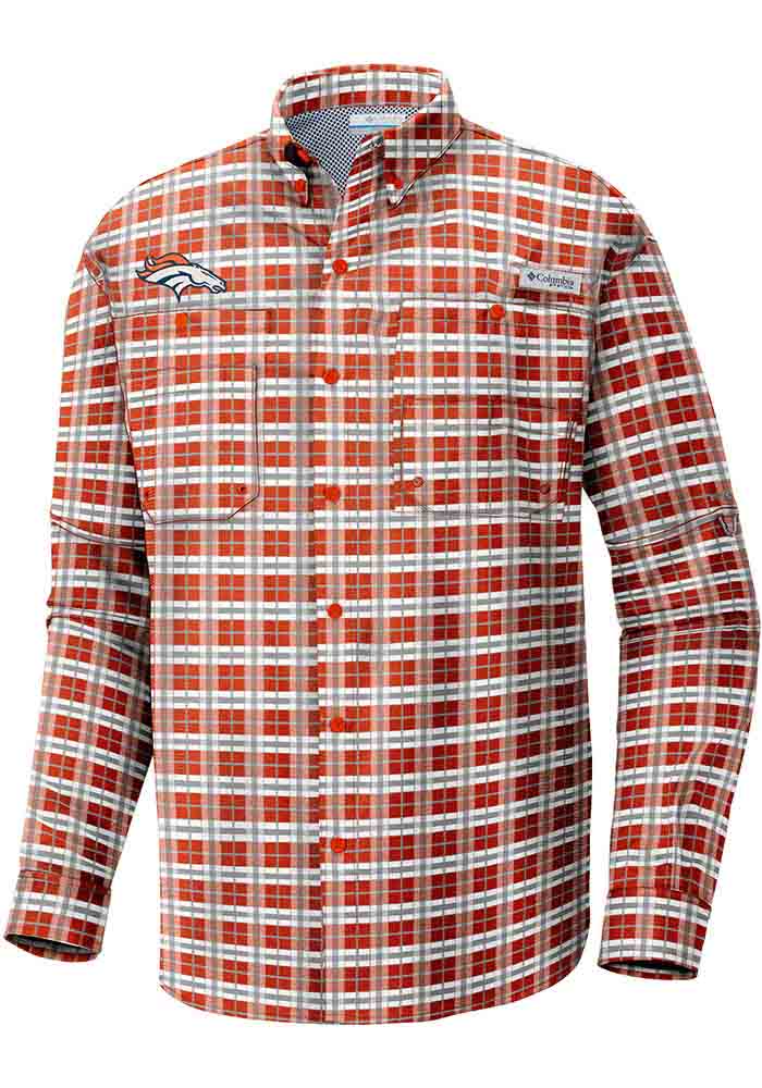 Denver Broncos Mens Columbia ORANGE Super Tamiami Plaid Long Sleeve Dress Shirt