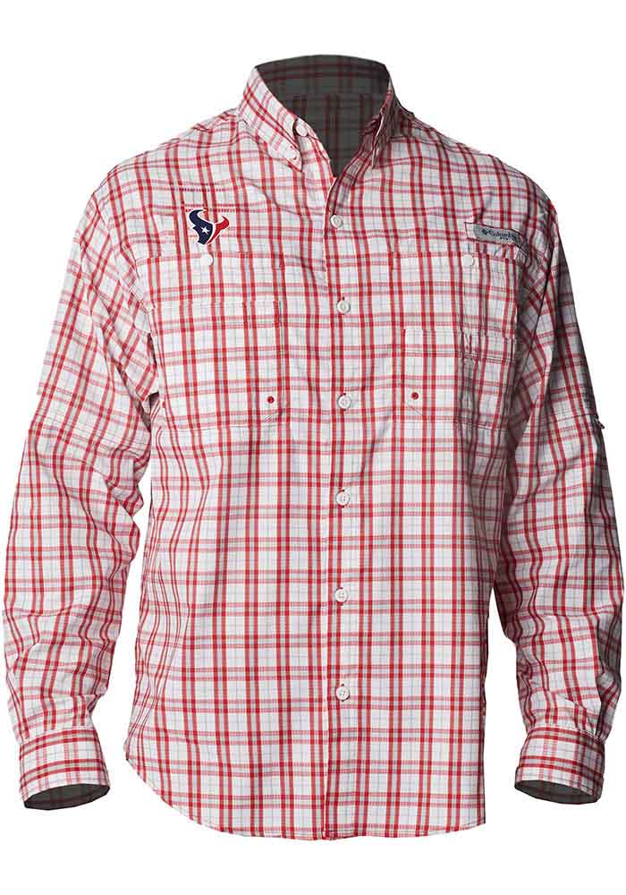 Houston Texans Mens Columbia Red Super Tamiami Plaid Long Sleeve Dress Shirt