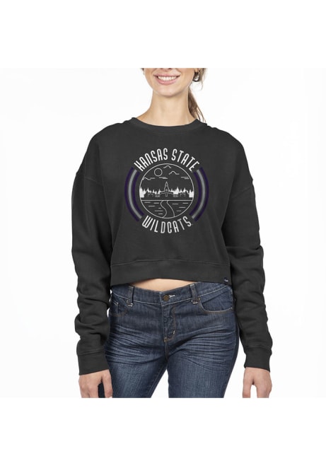 Womens K-State Wildcats Black Uscape Fleece Cropped Crew Sweatshirt