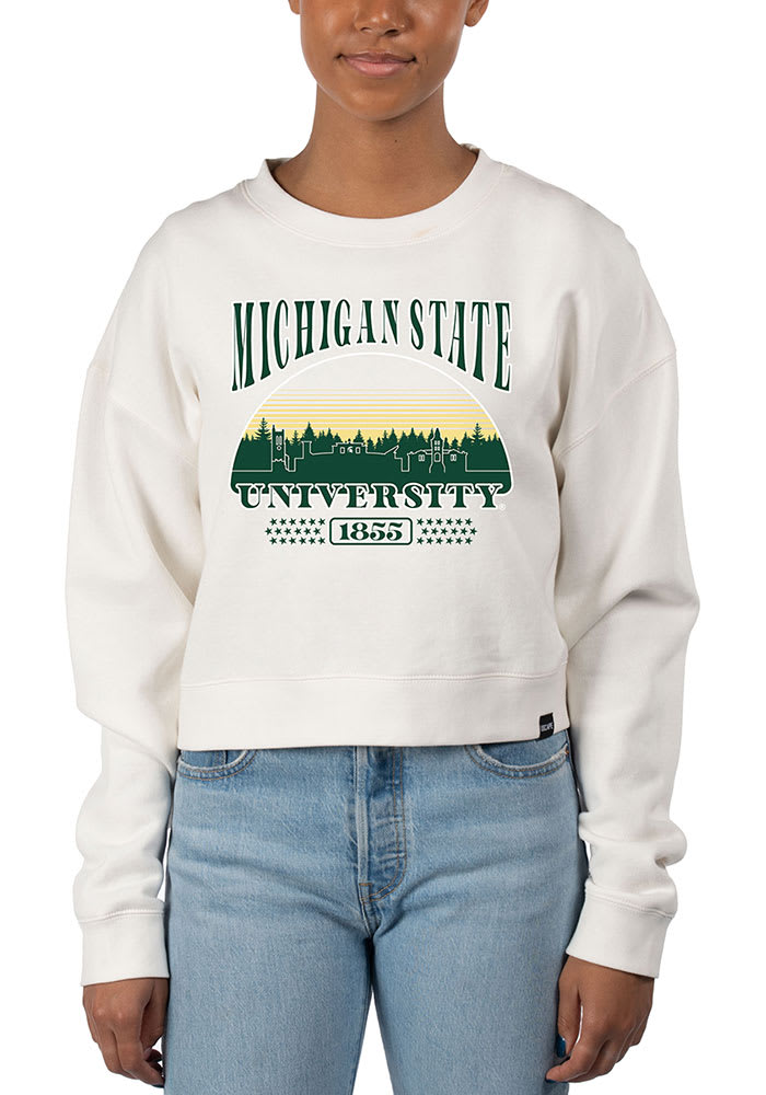 Uscape Womens White Michigan State Spartans Pigment Dyed Crop Long Sleeve Crew Sweatshirt