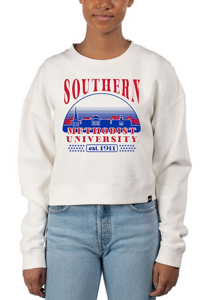 SMU Mustangs Uscape Crew Sweatshirt Womens White Pigment Dyed Crop Long Sleeve