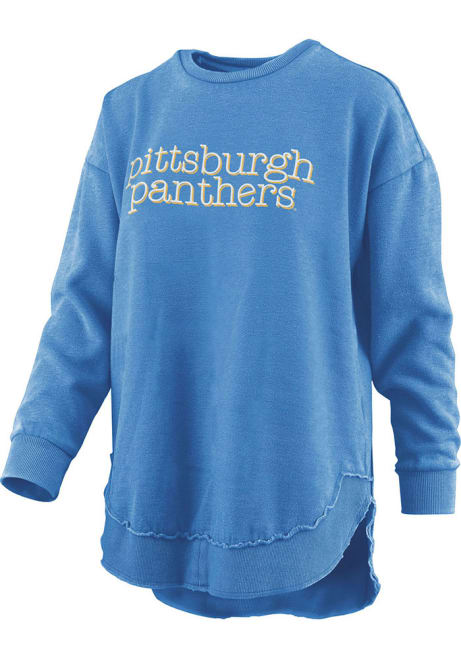 Womens Pitt Panthers Blue Pressbox Burnout Blue Jean Baby Poncho Crew Sweatshirt