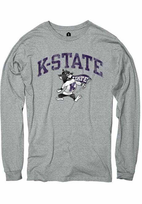 Mens K-State Wildcats Grey Rally Distressed Arch Mascot Long Sleeve Fashion T Shirt