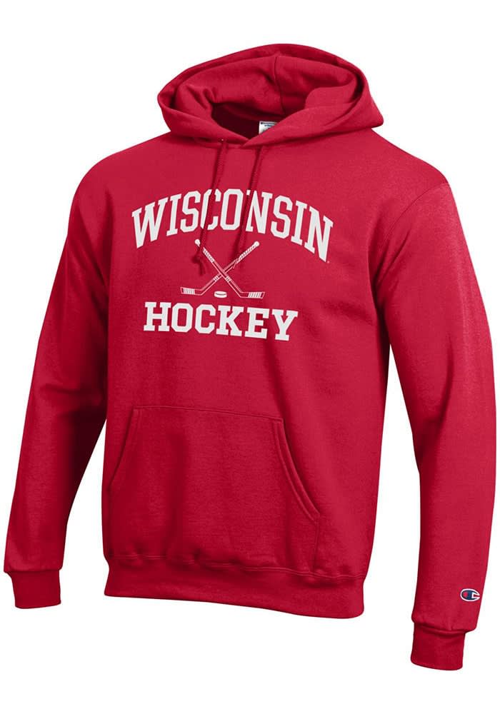 Champion Wisconsin Badgers Mens Red Hockey Powerblend Long Sleeve Hoodie Red 50 COTTON 50 POLYESTER Size S