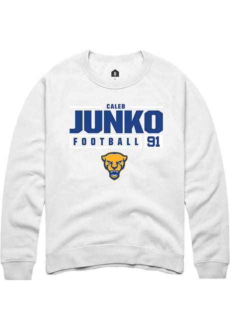 Caleb Junko Rally Mens White Pitt Panthers NIL Stacked Box Crew Sweatshirt