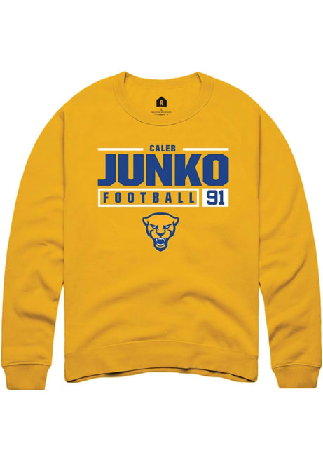 Caleb Junko Rally Mens Gold Pitt Panthers NIL Stacked Box Crew Sweatshirt