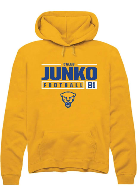 Caleb Junko Rally Mens Gold Pitt Panthers NIL Stacked Box Hooded Sweatshirt