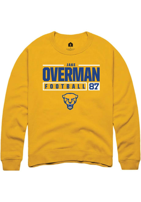 Jake Overman Rally Mens Gold Pitt Panthers NIL Stacked Box Crew Sweatshirt