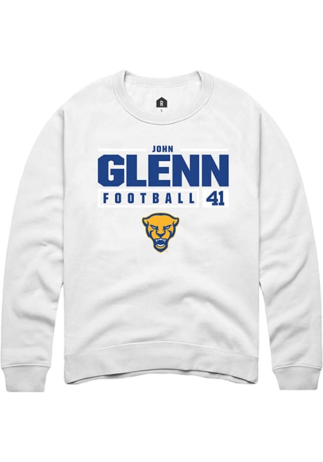 John Glenn Rally Mens White Pitt Panthers NIL Stacked Box Crew Sweatshirt