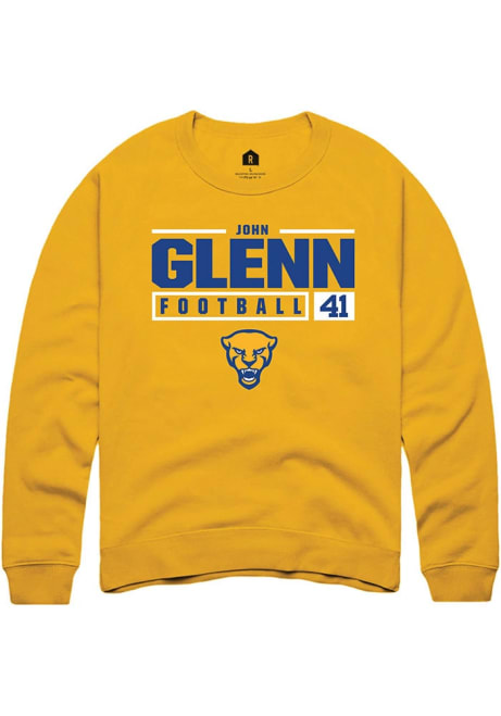 John Glenn Rally Mens Gold Pitt Panthers NIL Stacked Box Crew Sweatshirt