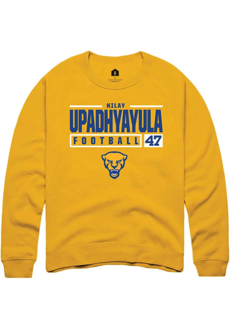 Nilay Upadhyayula Rally Mens Gold Pitt Panthers NIL Stacked Box Crew Sweatshirt