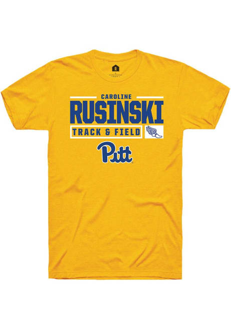 Caroline Rusinski Gold Pitt Panthers NIL Stacked Box Track Short Sleeve T Shirt