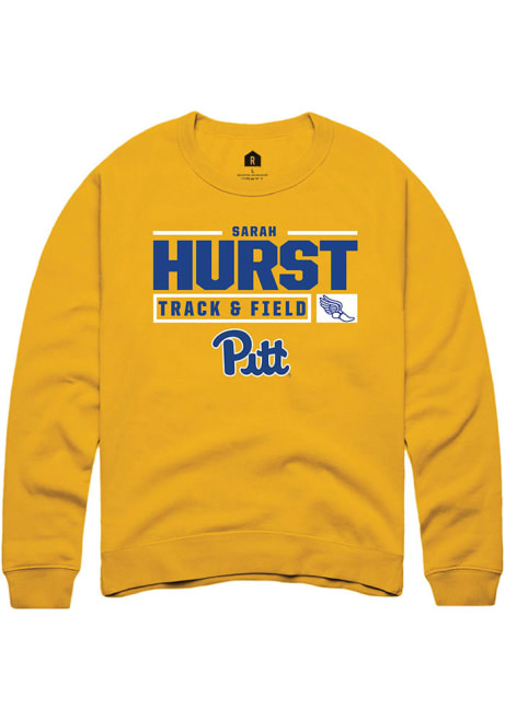 Sarah Hurst Rally Mens Gold Pitt Panthers NIL Stacked Box Track Crew Sweatshirt