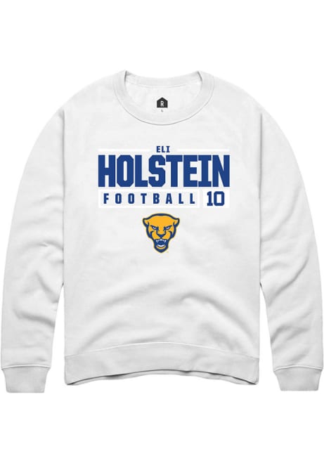 Eli Holstein Rally Mens White Pitt Panthers NIL Stacked Box Crew Sweatshirt