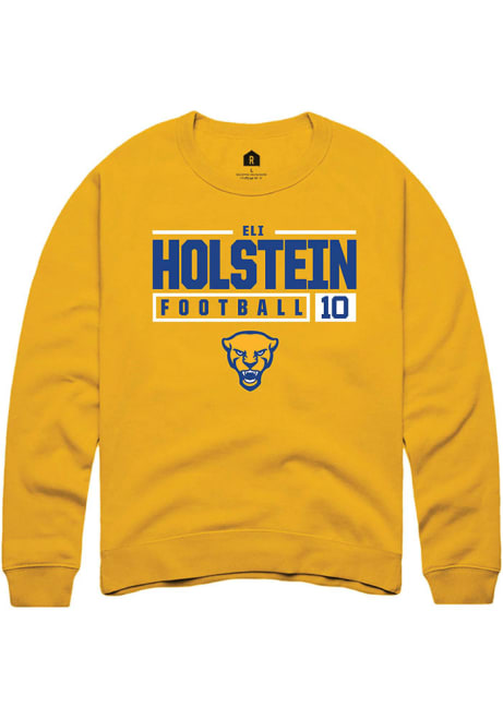 Eli Holstein Rally Mens Gold Pitt Panthers NIL Stacked Box Crew Sweatshirt