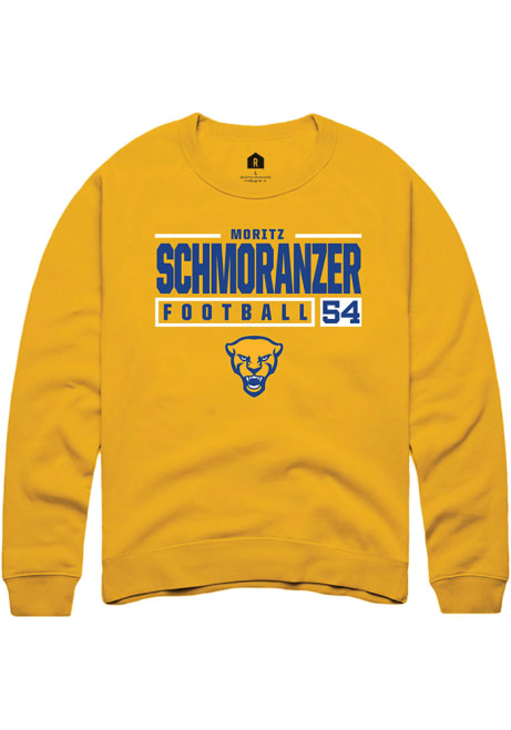 Moritz Schmoranzer Rally Mens Gold Pitt Panthers NIL Stacked Box Crew Sweatshirt