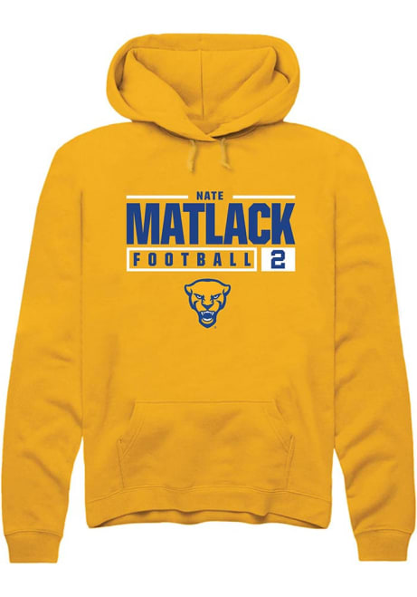 Nate Matlack Rally Mens Gold Pitt Panthers NIL Stacked Box Hooded Sweatshirt