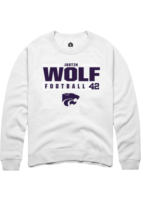 Justin Wolf Rally Mens White K-State Wildcats NIL Stacked Box Crew Sweatshirt