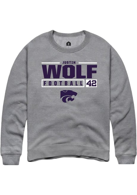 Justin Wolf Rally Mens Graphite K-State Wildcats NIL Stacked Box Crew Sweatshirt