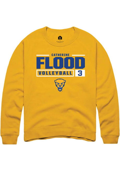 Catherine Flood Rally Mens Gold Pitt Panthers NIL Stacked Box Crew Sweatshirt