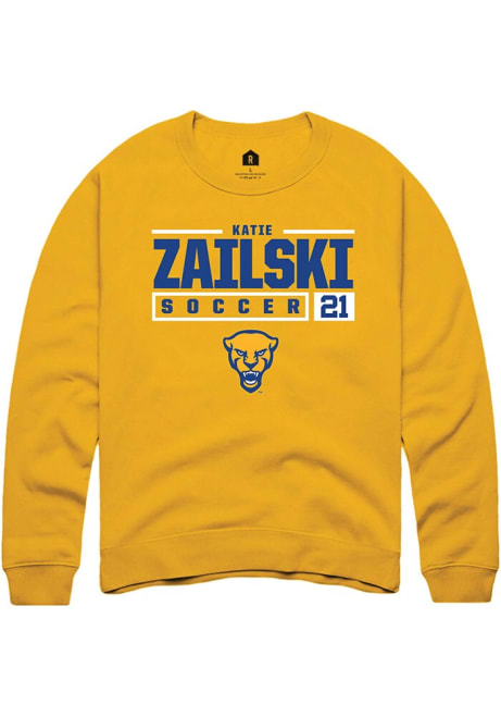 Katie Zailski Rally Mens Gold Pitt Panthers NIL Stacked Box Crew Sweatshirt