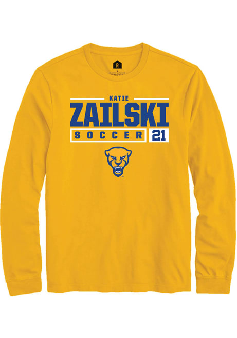 Katie Zailski Rally Mens Gold Pitt Panthers NIL Stacked Box Tee