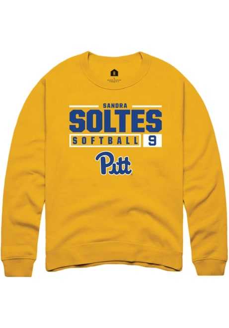 Sandra Soltes Rally Mens Gold Pitt Panthers NIL Stacked Box Crew Sweatshirt