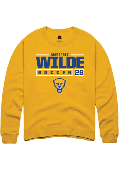 Margaret Wilde Rally Mens Gold Pitt Panthers NIL Stacked Box Crew Sweatshirt