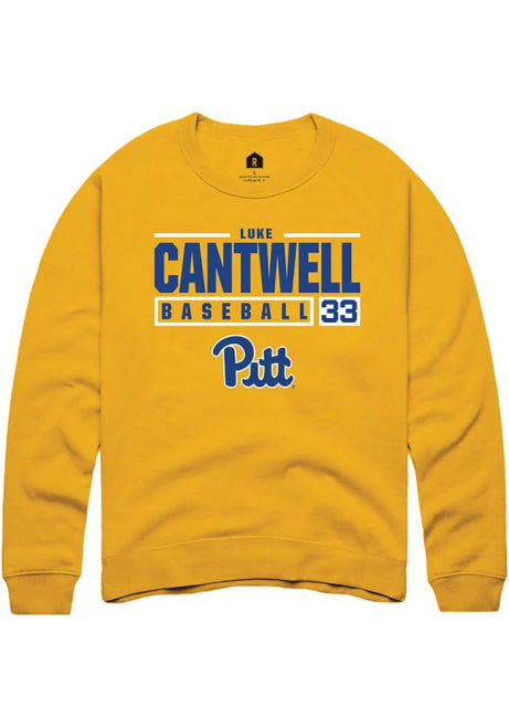 Luke Cantwell Rally Mens Gold Pitt Panthers NIL Stacked Box Crew Sweatshirt