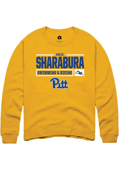 Eric Sharabura Rally Mens Gold Pitt Panthers NIL Stacked Box Crew Sweatshirt