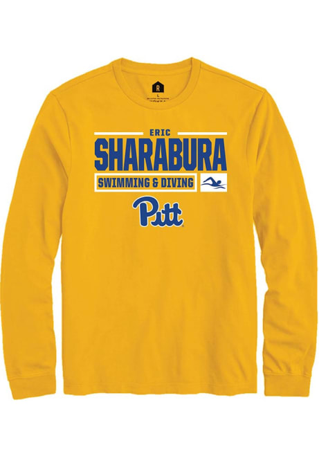 Eric Sharabura Rally Mens Gold Pitt Panthers NIL Stacked Box Tee