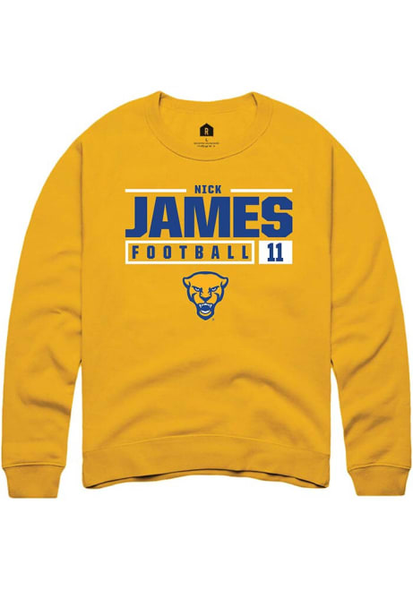 Nick James Rally Mens Gold Pitt Panthers NIL Stacked Box Crew Sweatshirt