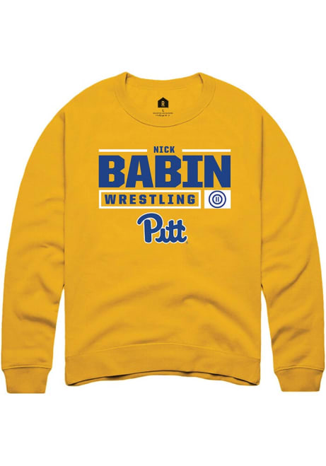 Nick Babin Rally Mens Gold Pitt Panthers NIL Stacked Box Crew Sweatshirt