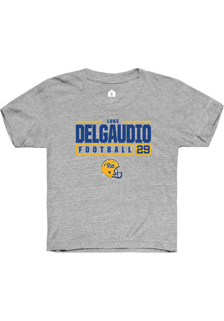 Luke DelGaudio Rally Youth Grey Pitt Panthers NIL Stacked Box Short Sleeve T-Shirt