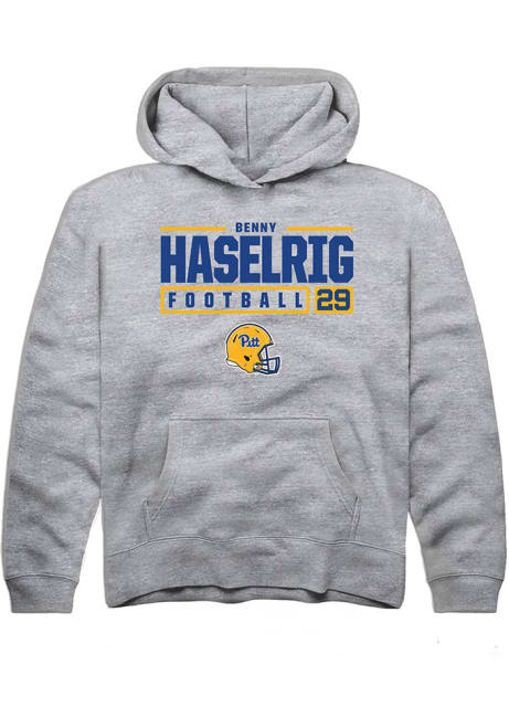 Benny Haselrig Rally Youth Grey Pitt Panthers NIL Stacked Box Long Sleeve Hooded Sweatshirt