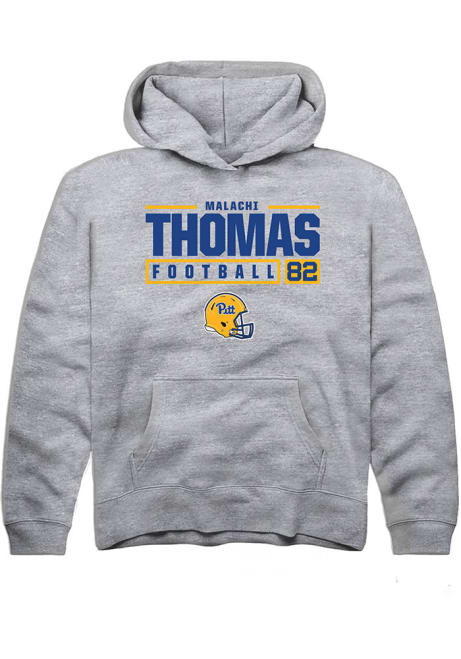 Malachi Thomas Rally Youth Grey Pitt Panthers NIL Stacked Box Long Sleeve Hooded Sweatshirt