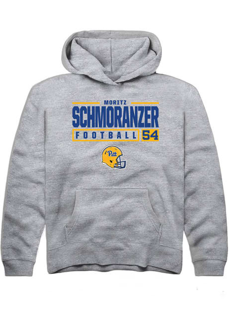 Moritz Schmoranzer Rally Youth Grey Pitt Panthers NIL Stacked Box Long Sleeve Hooded Sweatshirt