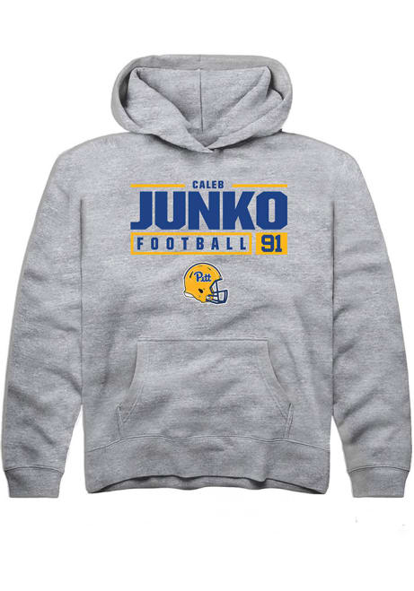 Caleb Junko Rally Youth Grey Pitt Panthers NIL Stacked Box Long Sleeve Hooded Sweatshirt