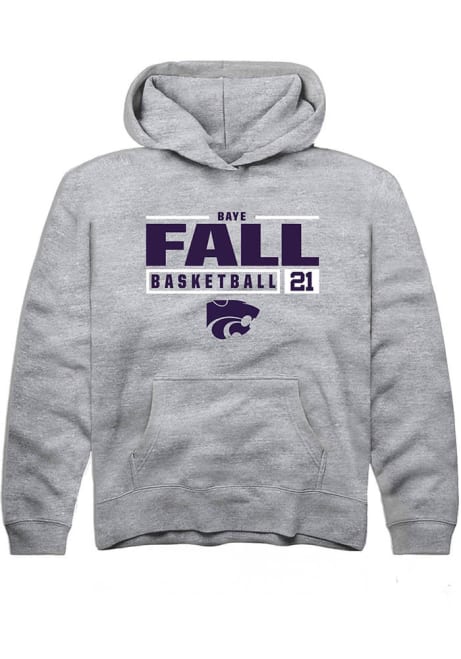 Baye Fall Rally Youth Grey K-State Wildcats NIL Stacked Box Long Sleeve Hooded Sweatshirt