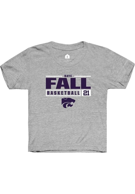 Baye Fall Rally Youth Grey K-State Wildcats NIL Stacked Box Short Sleeve T-Shirt