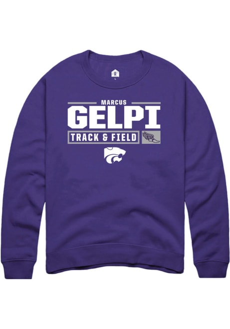 Marcus Gelpi Rally Mens Purple K-State Wildcats NIL Stacked Box Crew Sweatshirt