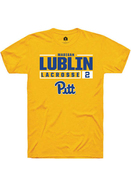 Madigan Lublin Gold Pitt Panthers NIL Stacked Box Short Sleeve T Shirt