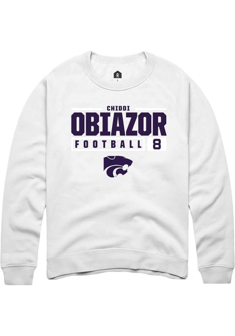 Chiddi Obiazor Rally Mens White K-State Wildcats NIL Stacked Box Crew Sweatshirt