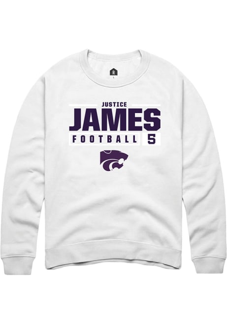 Justice James Rally Mens White K-State Wildcats NIL Stacked Box Crew Sweatshirt