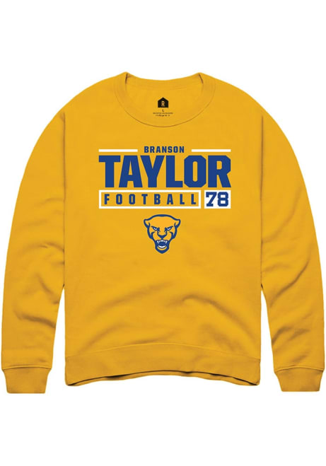 Branson Taylor Rally Mens Gold Pitt Panthers NIL Stacked Box Crew Sweatshirt