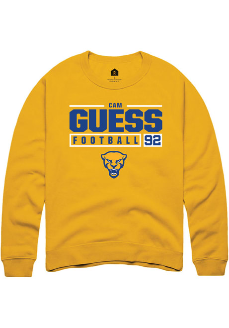 Cam Guess Rally Mens Gold Pitt Panthers NIL Stacked Box Crew Sweatshirt