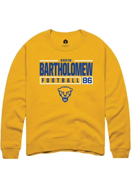 Gavin Bartholomew Rally Mens Gold Pitt Panthers NIL Stacked Box Crew Sweatshirt